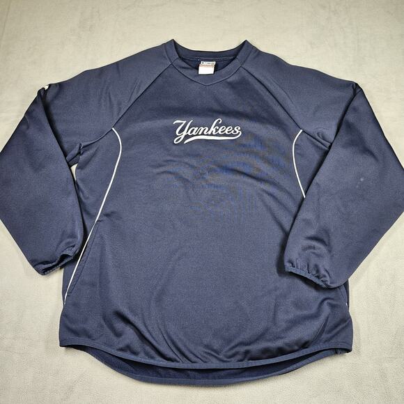 New York Yankees Therma Base Pullover Sweatshirt Size Large MLB Majestic Blue - Picture 1 of 13